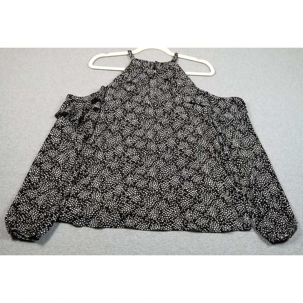 Michael Kors Top Womens M Medium Black White Stars Cold Shoulder Whimsy Blouse